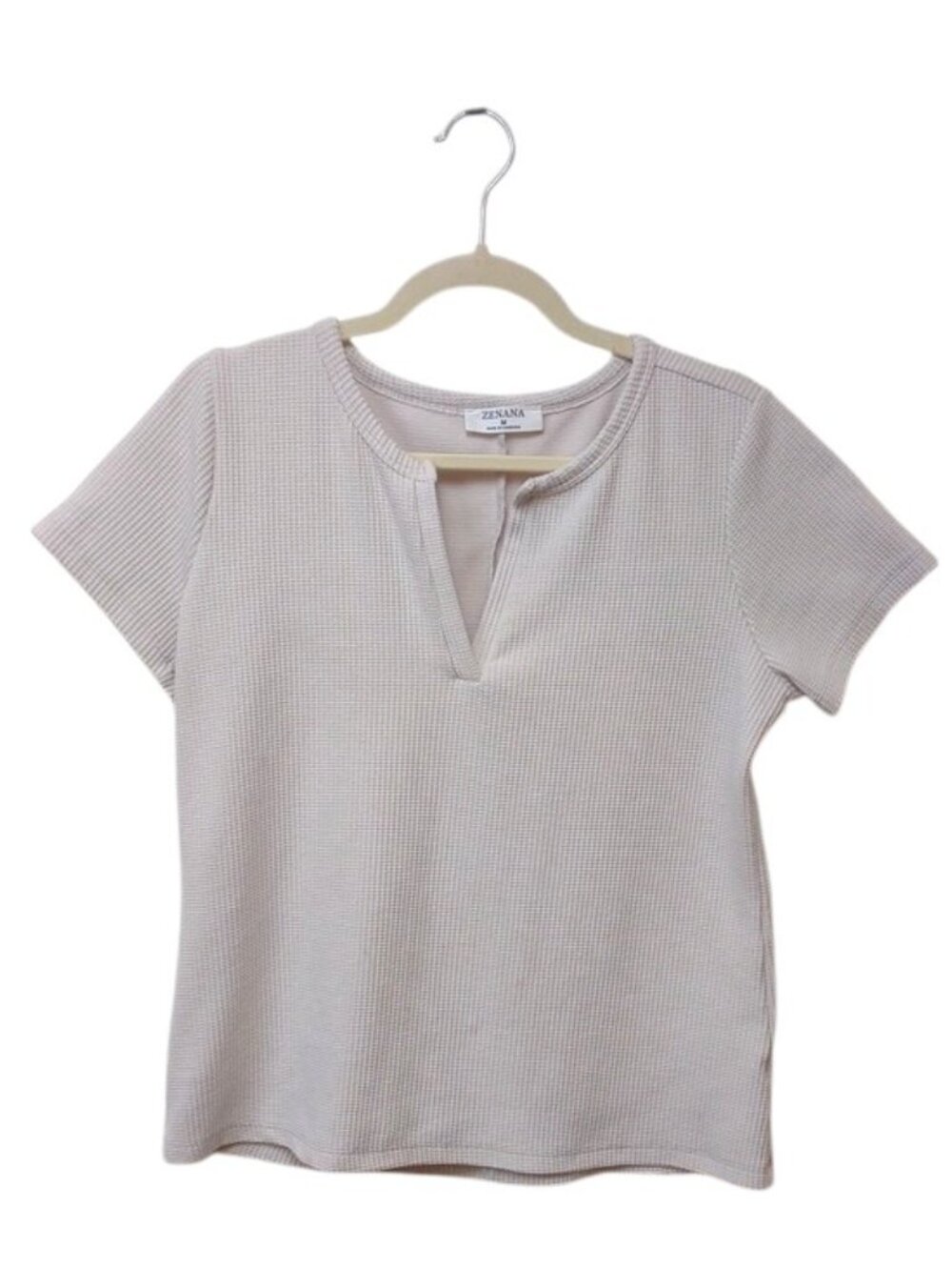 Zenana Outfitters Cream Waffle Knit Short Sleeve Top with Notch Split Neck